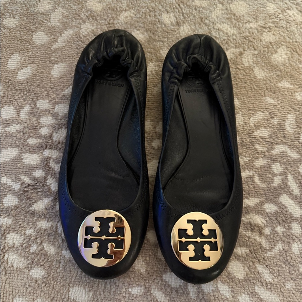 Tory Burch Black Flats with Gold Logo